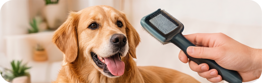 Golden retriever playing with an interactive puzzle-style treat toy