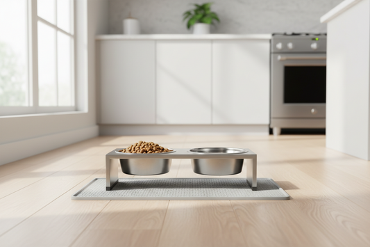Clean stainless steel pet food and water bowl set on a kitchen floor