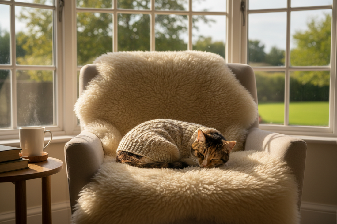Cozy cat curled up sleeping on a warm armchair near a sunny window