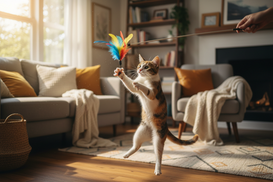 Cat pouncing playfully at a colorful feather wand toy in a living room