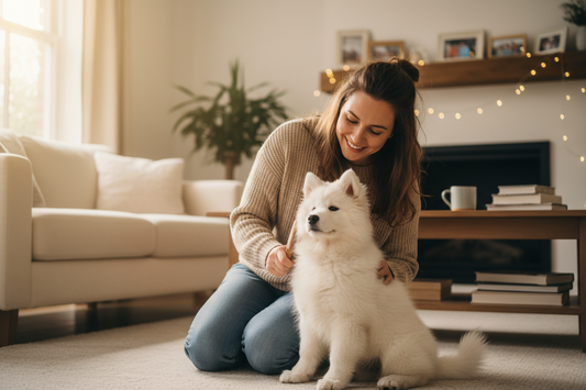 Person gently brushing a fluffy puppy at home during an early grooming session