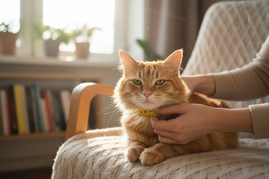 Person measuring an orange tabby cat's neck with a soft tape to fit a harness