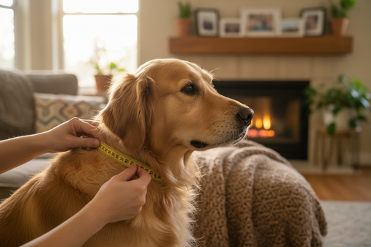 Person measuring a golden retriever's neck with a soft tape to check collar fit