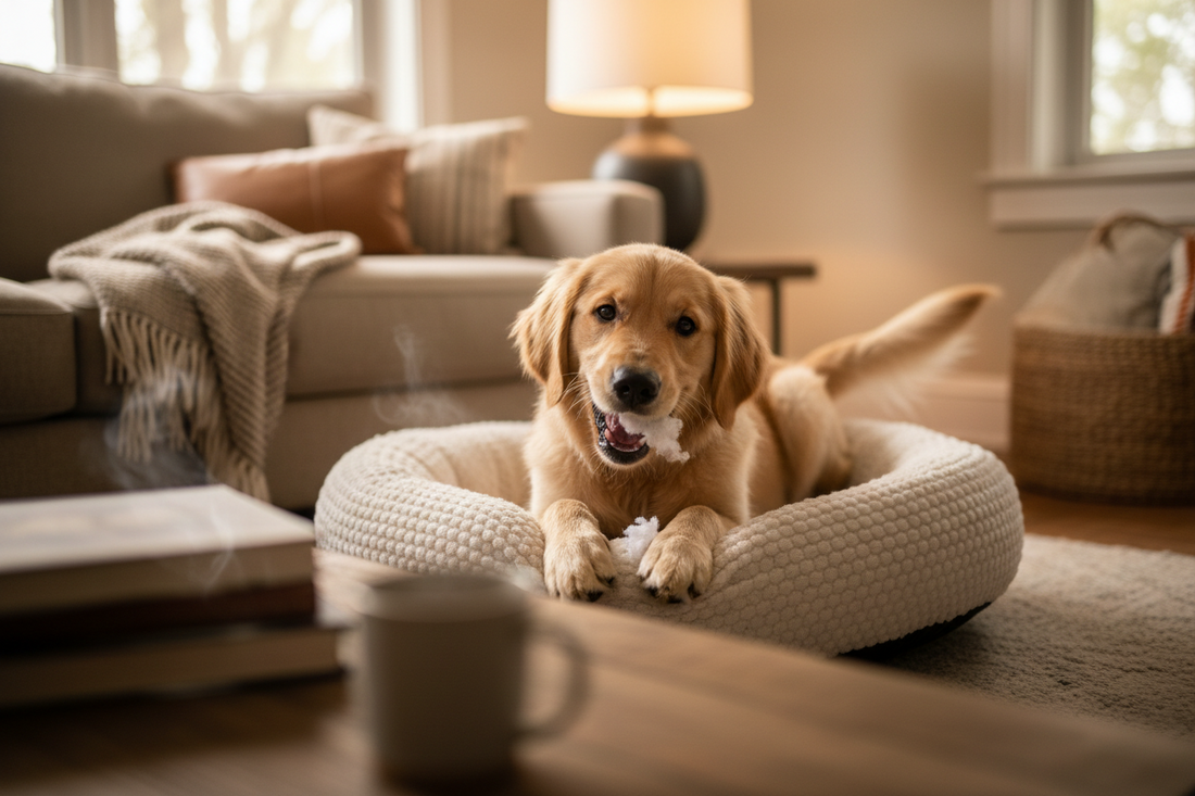 Golden retriever puppy chewing on a soft dog bed on the floor at home