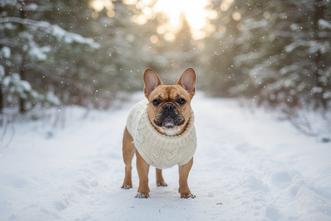 French Bulldog wearing a knit sweater standing in the snow