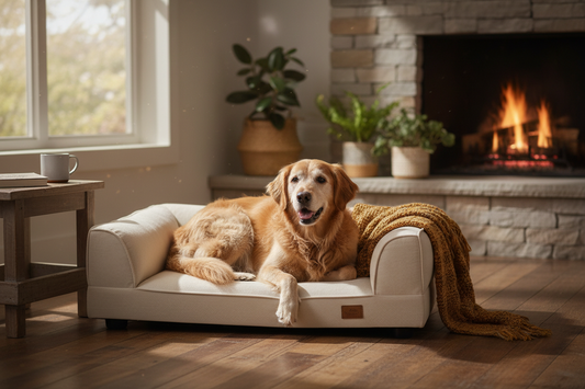 Golden retriever resting on a supportive orthopedic pet sofa bed by the fireplace