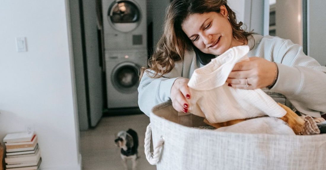Optimistic female with clean clothes in basket having phone conversation while standing in light washroom with washing machines and dog
