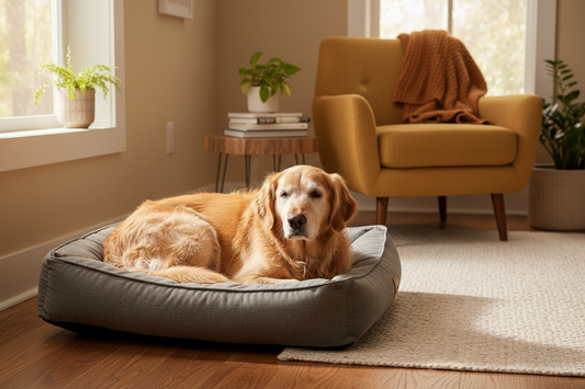 Senior golden retriever resting comfortably on a supportive orthopedic pet bed.