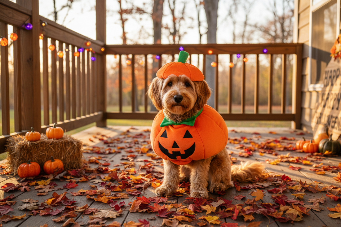 Small dog wearing a pumpkin Halloween costume sitting on a porch with autumn leaves